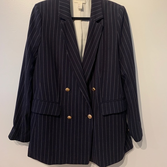 H&M NAVY PINSTRIPE BLAZER WITH GOLD HARDWARE - Picture 3 of 6